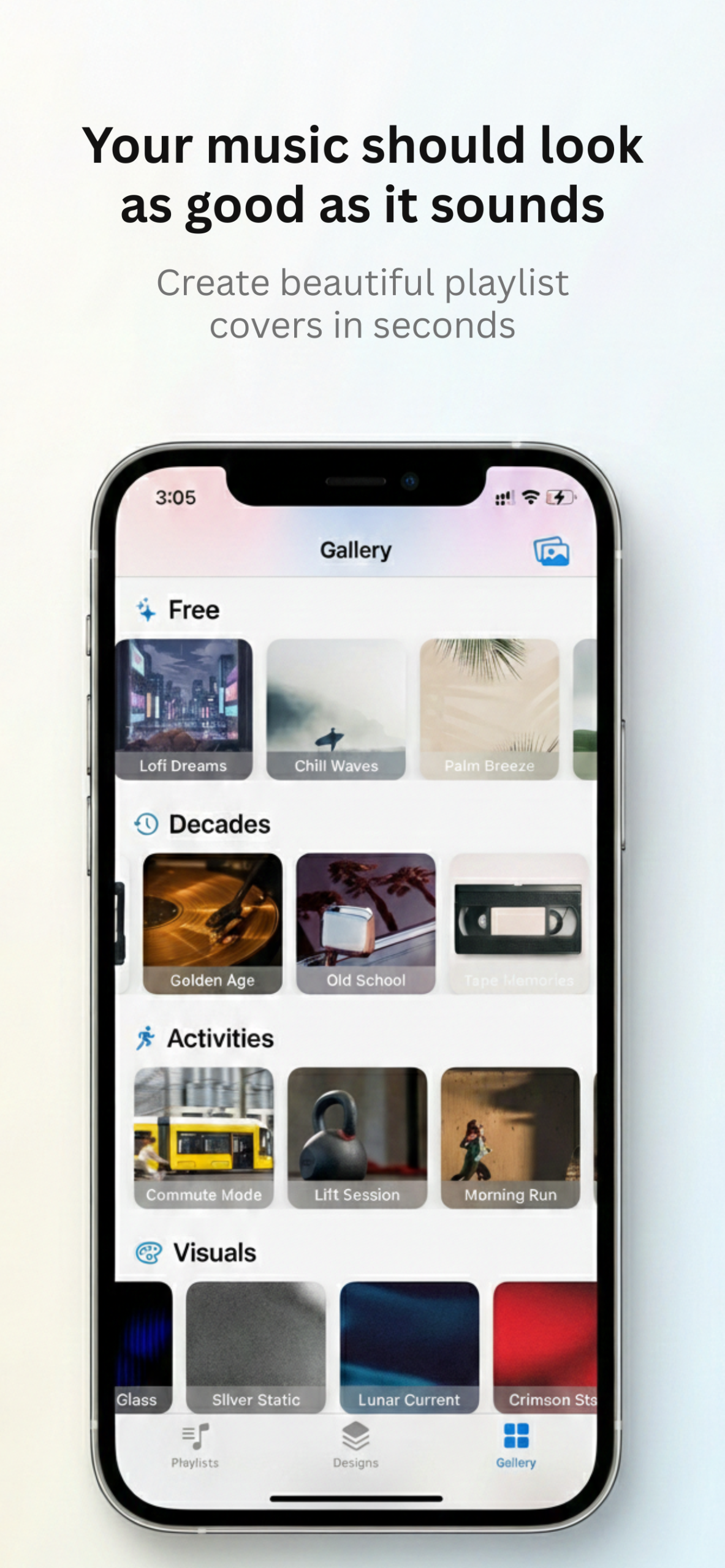 Playlist cover maker app showing curated backgrounds and editing tools